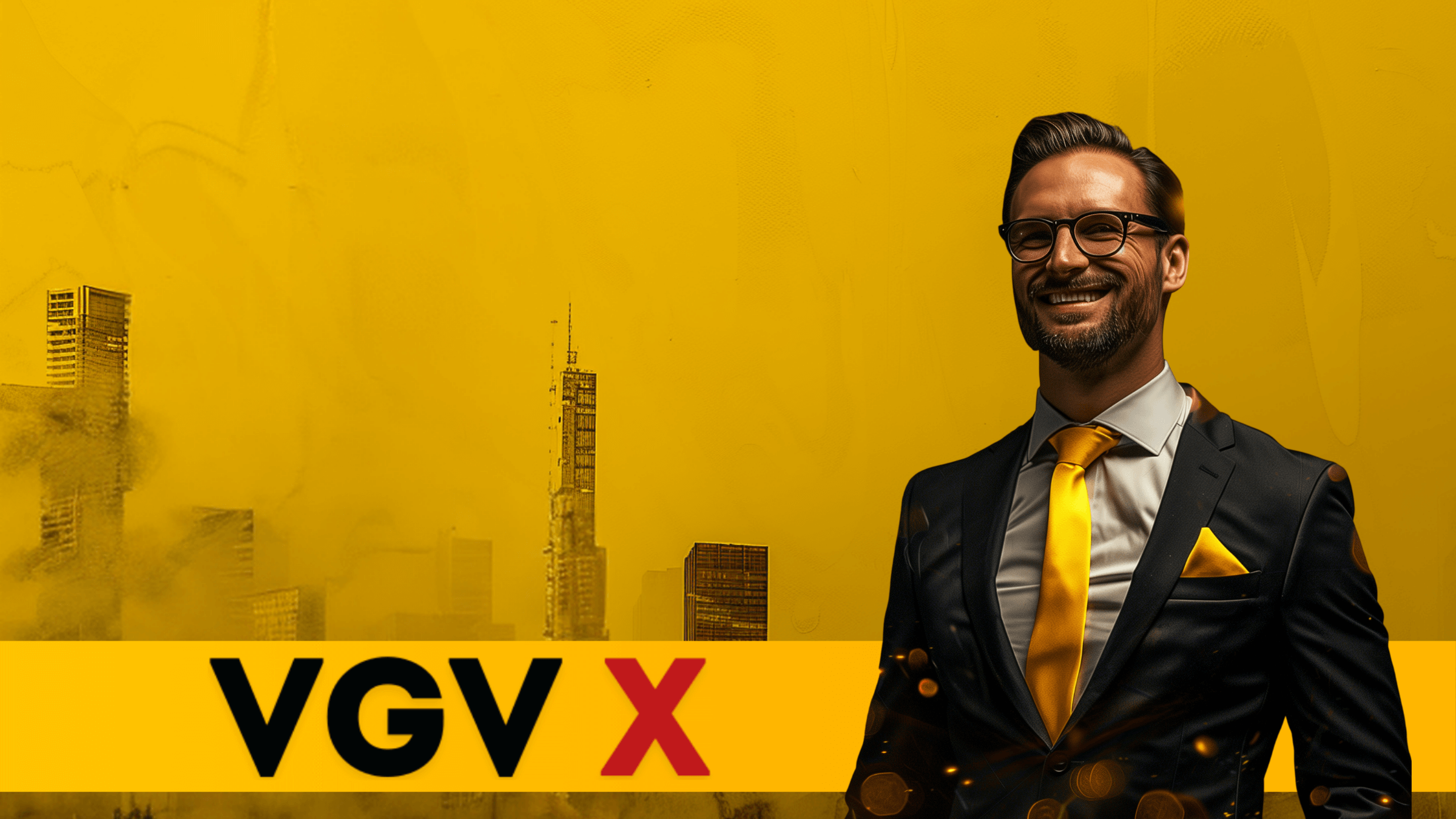 Empresário sorrindo em frente ao skyline, representando os resultados dos clientes da VGV X