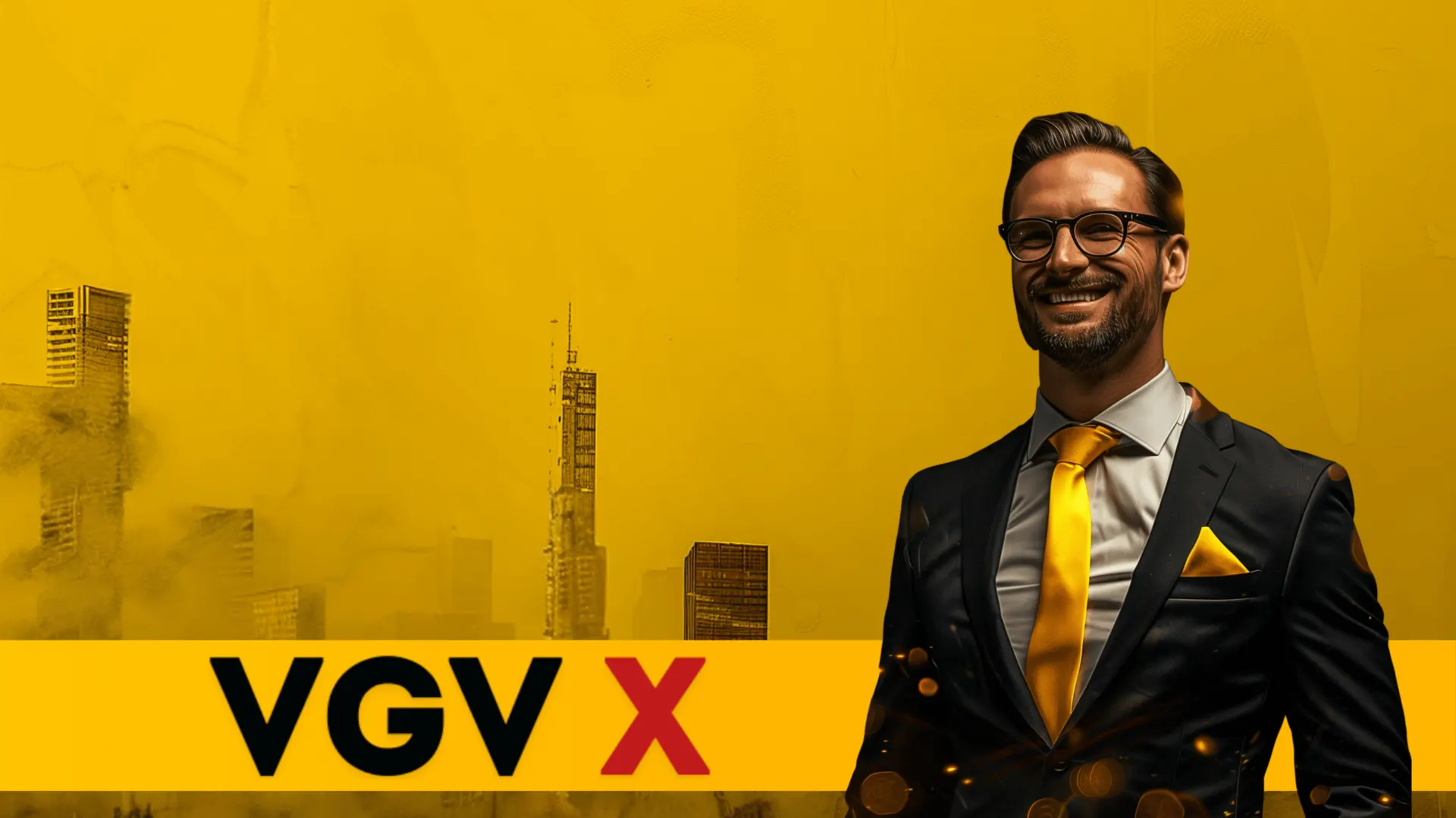 Empresário sorrindo em frente ao skyline, representando os resultados dos clientes da VGV X