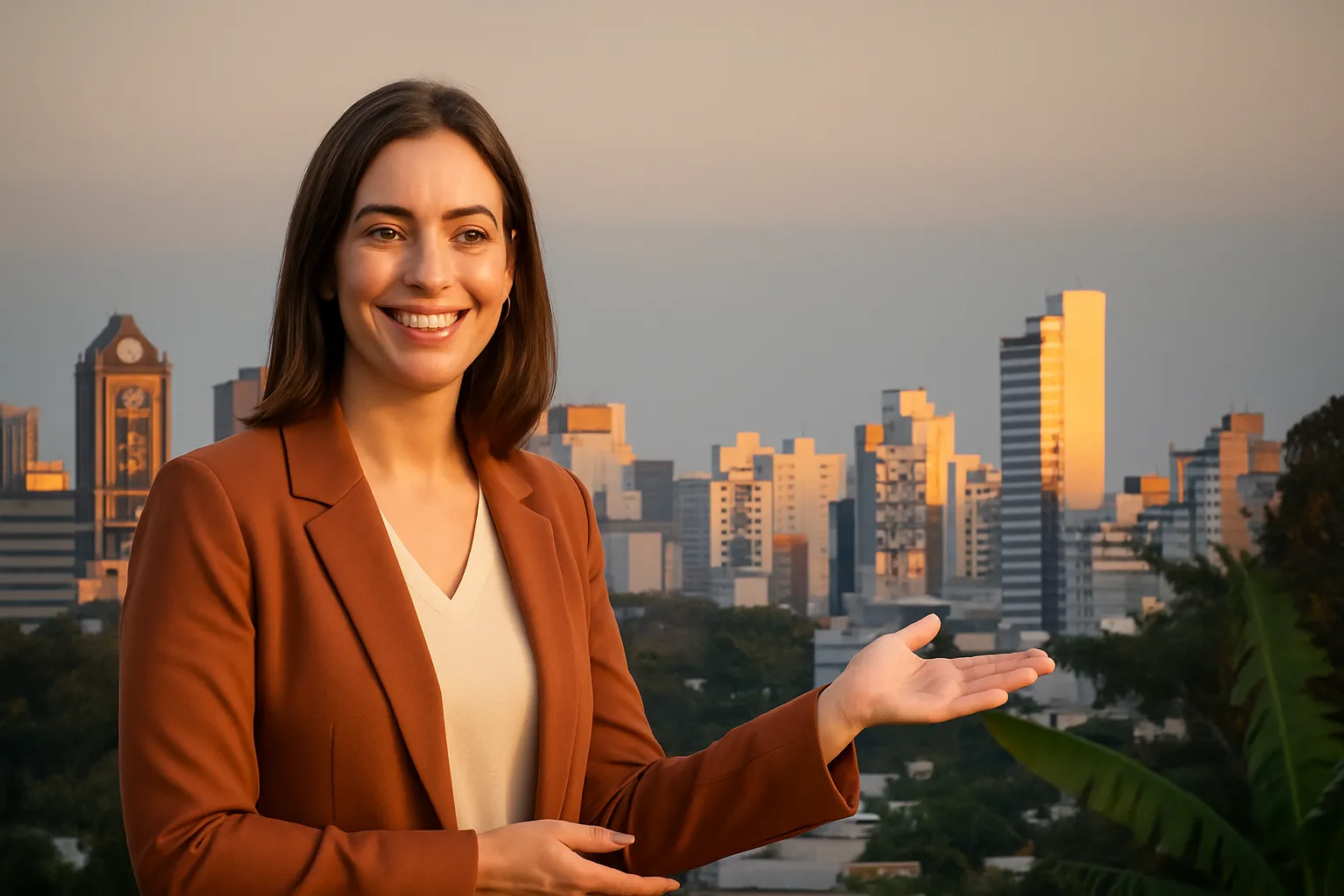 Corretora de imóveis sorrindo e gesticulando em primeiro plano, com o skyline de Curitiba ao entardecer ao fundo