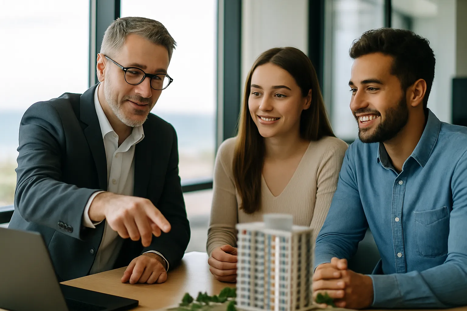 Corretor de imóveis conversando com um casal cliente em frente a uma maquete, em um escritório com vista para o mar