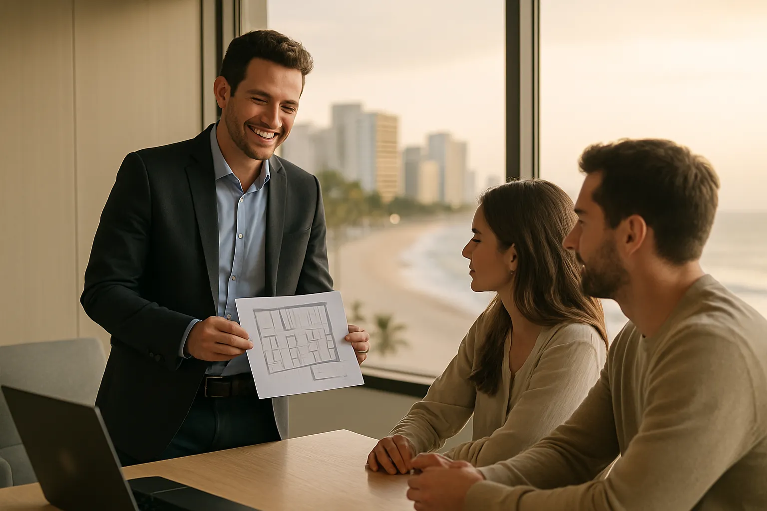 Corretor de imóveis mostrando uma planta de apartamento para um casal de clientes em uma sala de vendas com vista para o mar