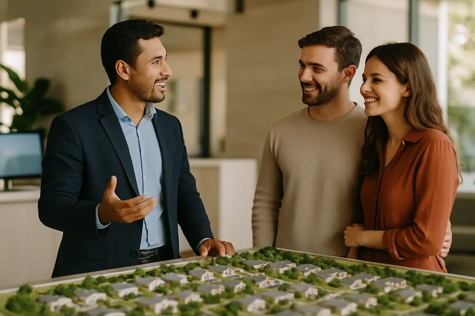Corretora de imóveis apresentando planta de empreendimento para um casal cliente