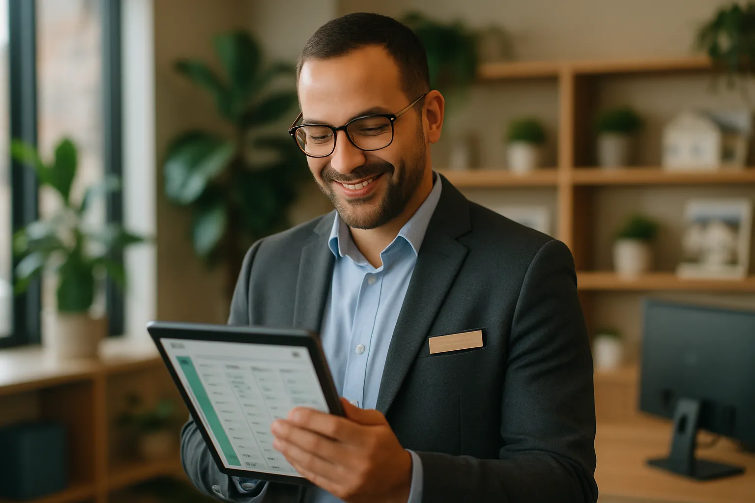 Corretor de imóveis sorrindo ao analisar um painel de leads qualificados em um tablet, em escritório moderno com plantas