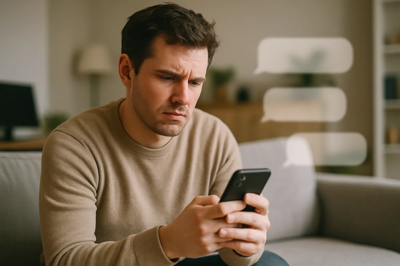 Pessoa sentada em um sofá, olhando com frustração para a tela de um celular durante uma conversa de atendimento automático