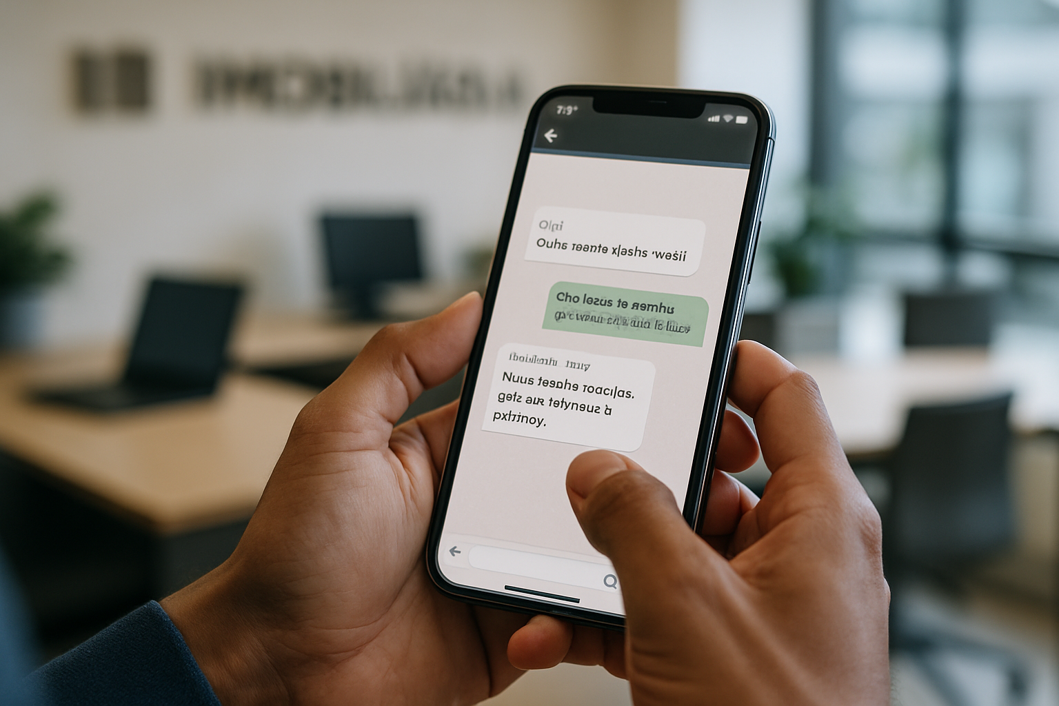 Mãos de uma pessoa segurando um smartphone com uma conversa de atendimento imobiliário aberta, imobiliária moderna desfocada ao fundo