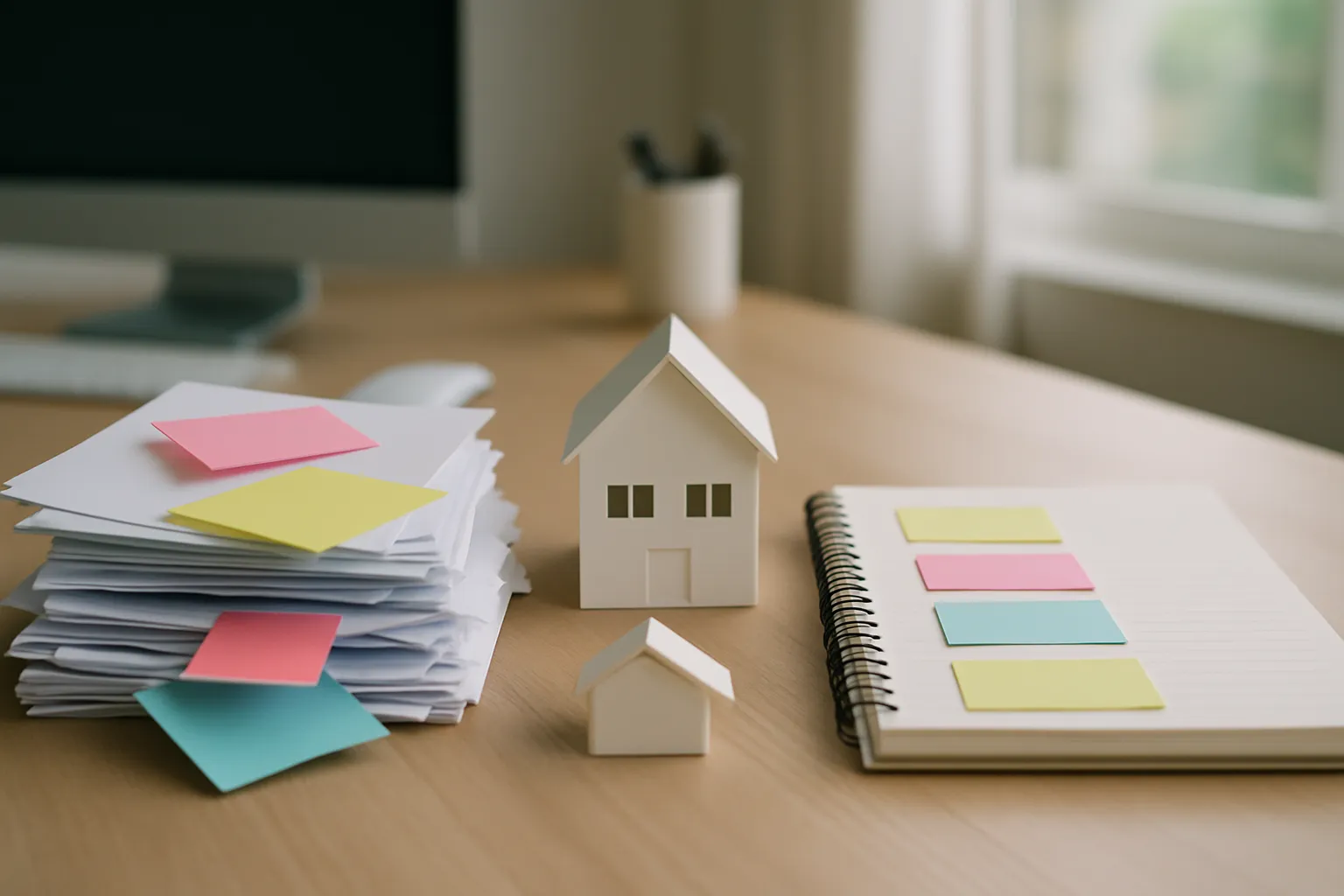 Mesa de escritório dividida entre papéis desorganizados de um lado e fichas alinhadas do outro, simbolizando a diferença entre operação sem CRM e com CRM