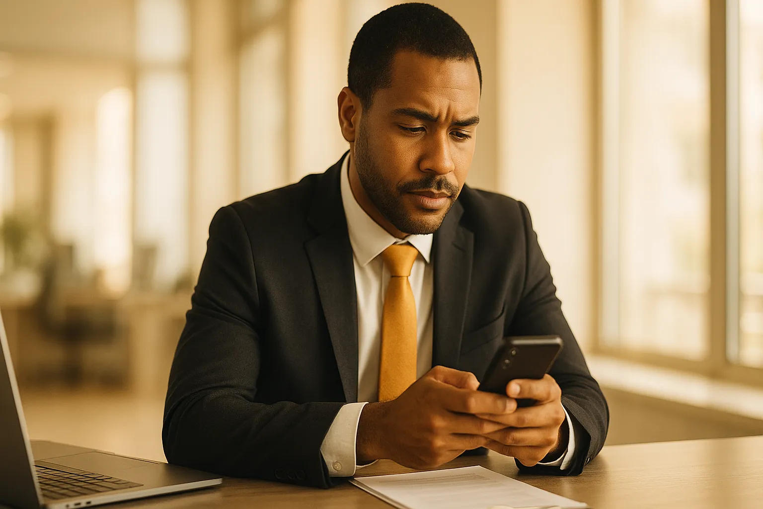 Corretor de imóveis concentrado revisando uma mensagem de follow-up no celular