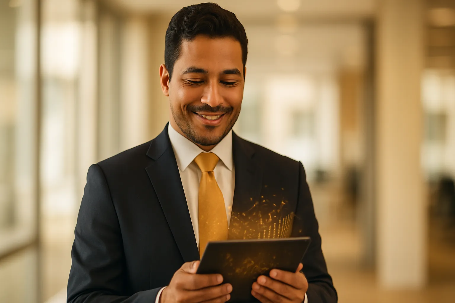 Corretor de imóveis analisando dados em um tablet, com elementos visuais de inteligência artificial