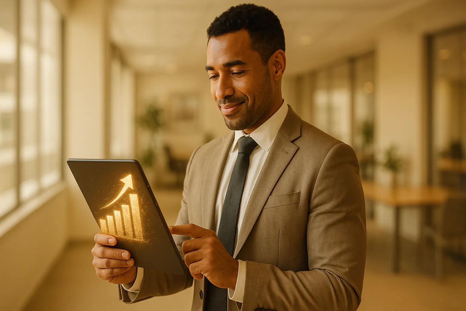 Profissional analisando um gráfico de crescimento em um tablet, representando ganho de produtividade com IA