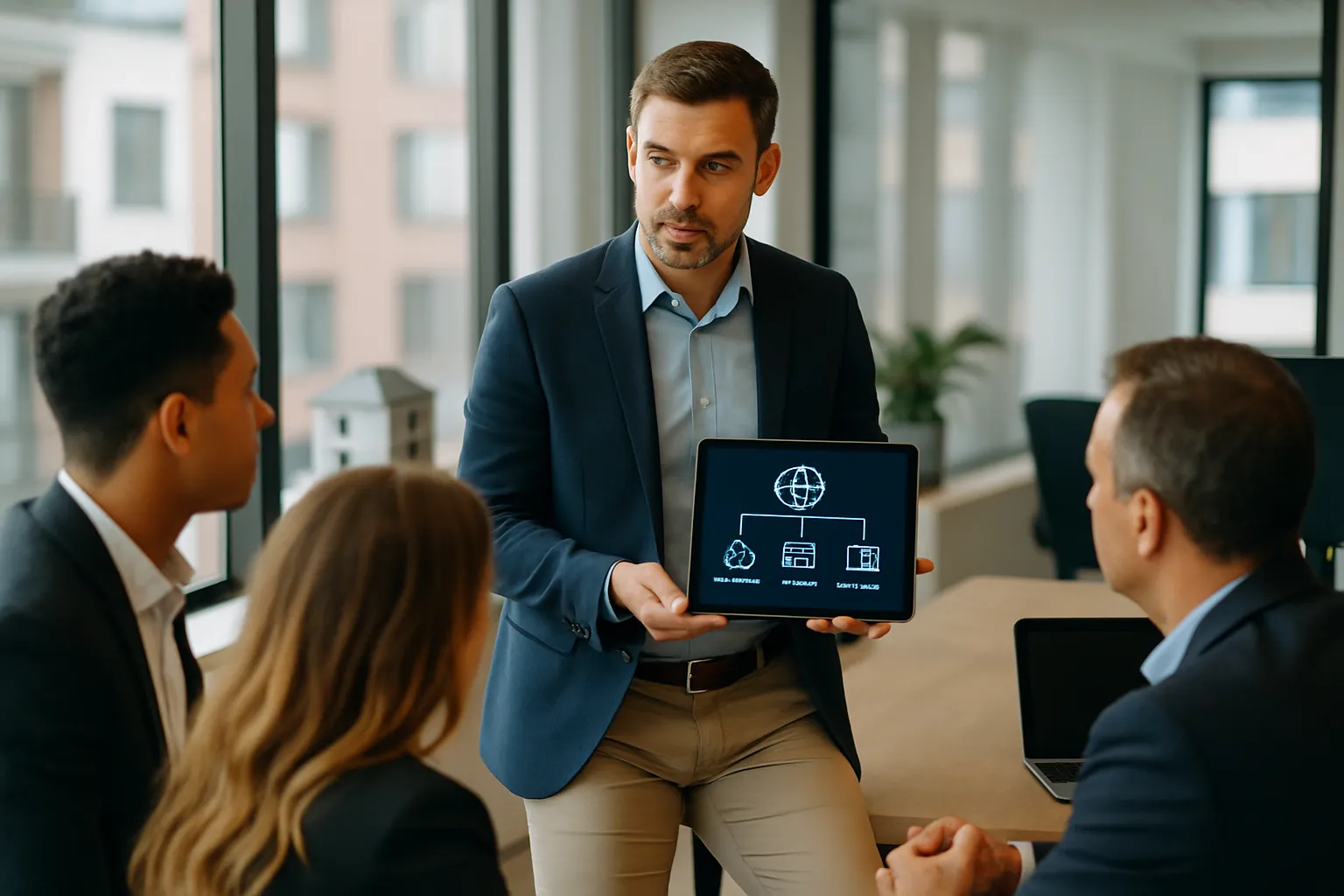 Gerente de imobiliária mostrando em um tablet um organograma com áreas da empresa conectadas por ícones de inteligência artificial, para uma equipe de corretores reunida em um escritório