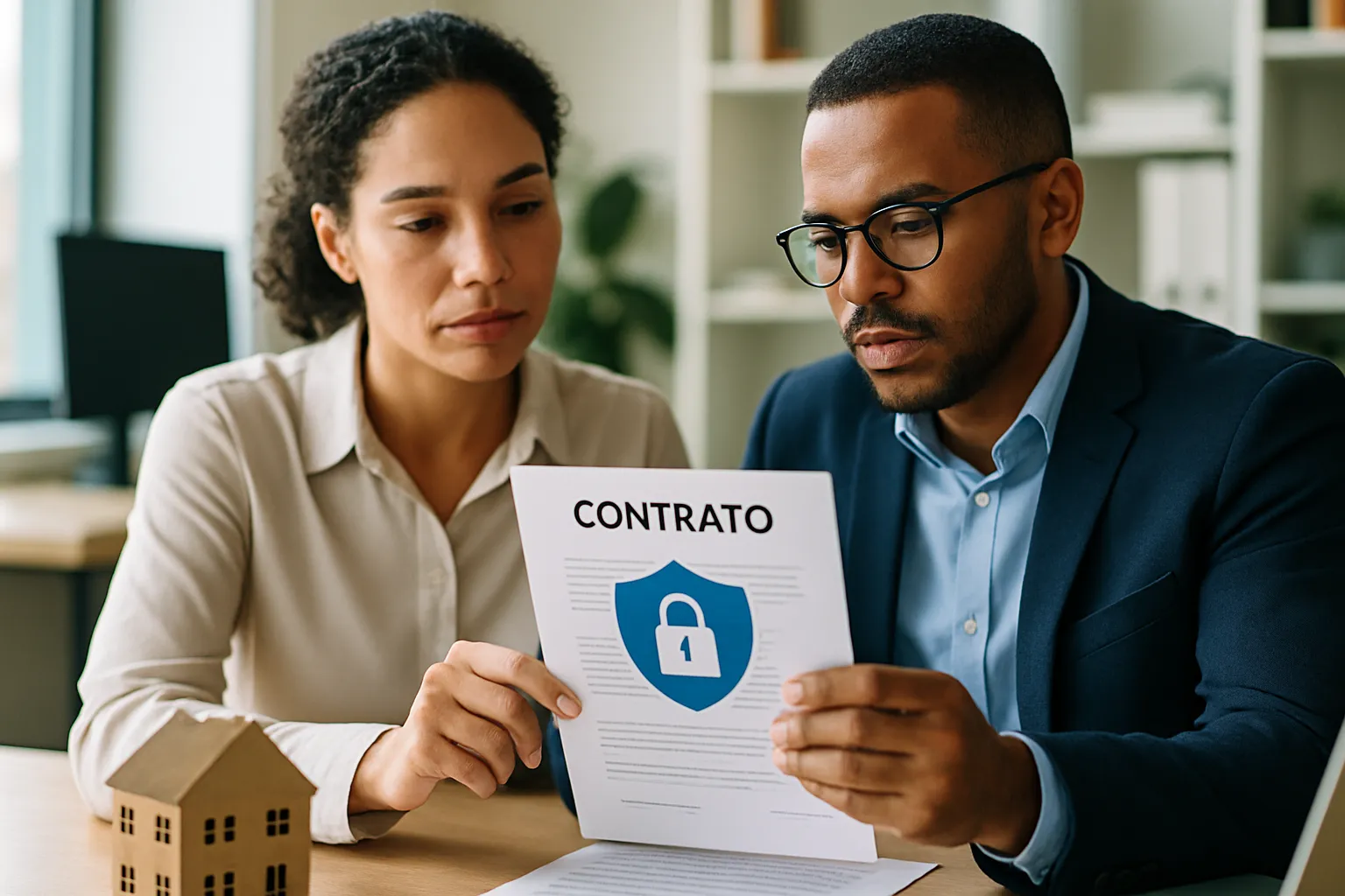 Duas pessoas em um escritório de imobiliária revisando um documento com selo de proteção de dados e cadeado, simbolizando governança sobre dados de clientes ao adotar IA