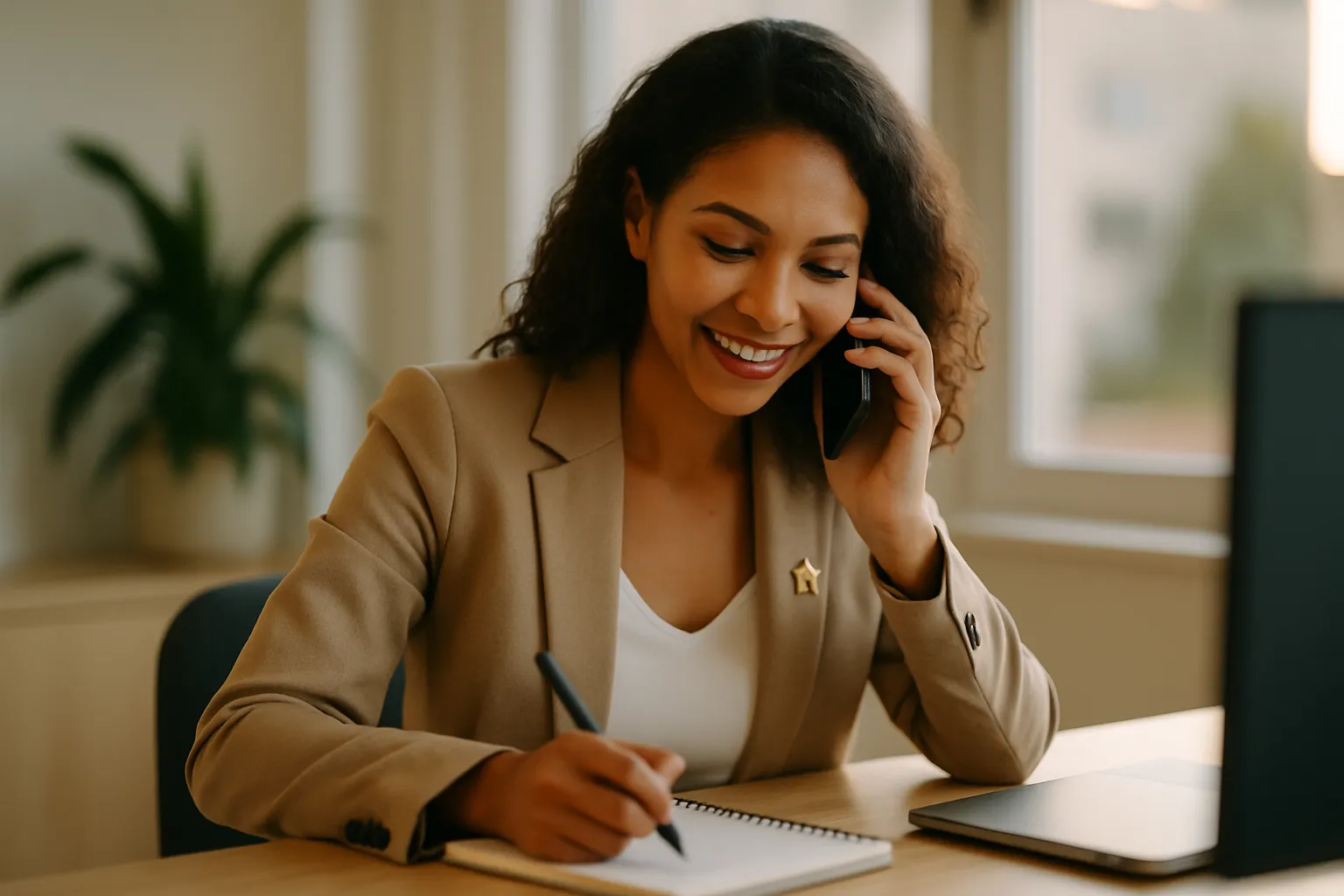 Corretora de imóveis atendendo um cliente por telefone e anotando as informações em um caderno no escritório