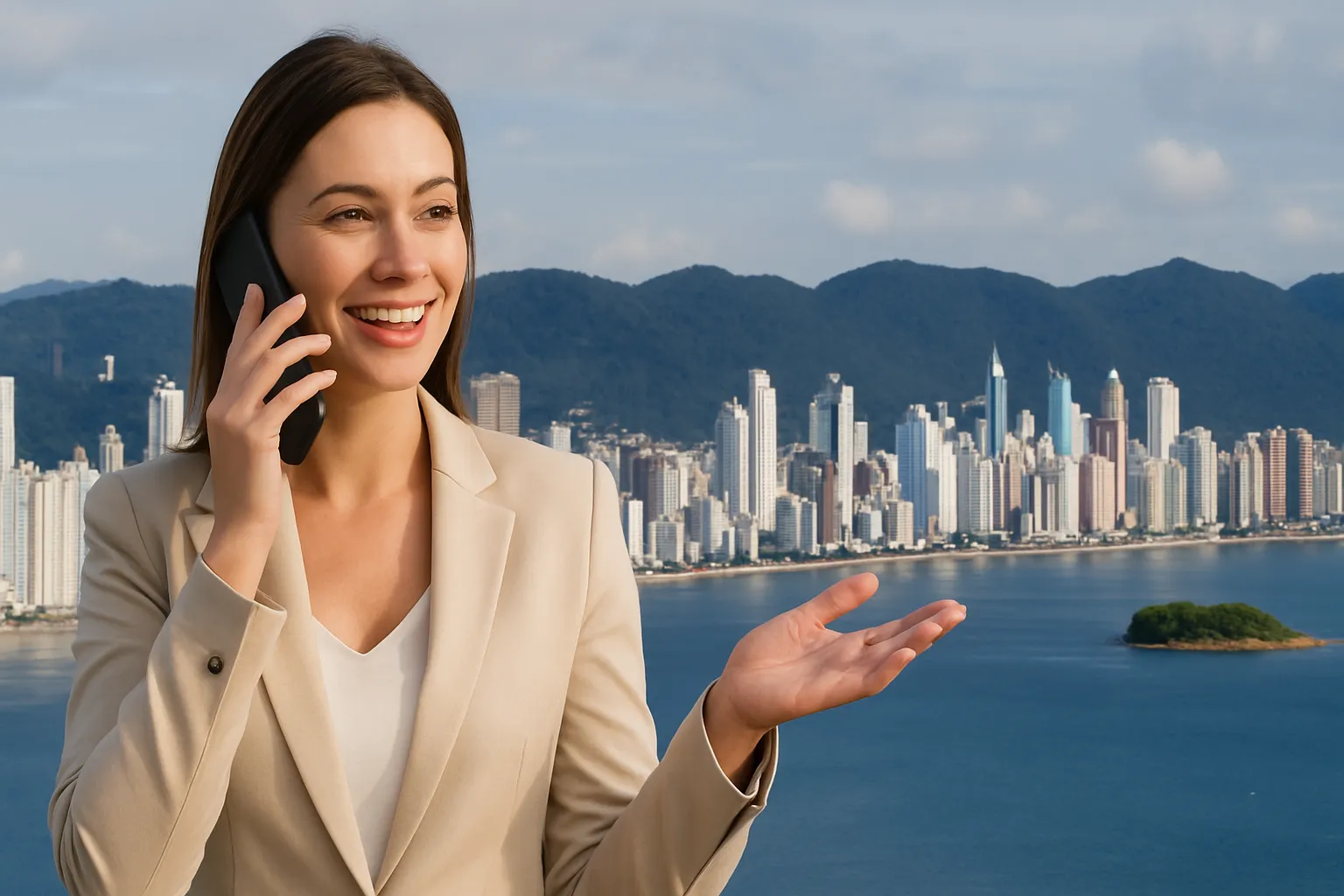 Corretora de imóveis ao telefone com o skyline de arranha-céus de Balneário Camboriú ao fundo