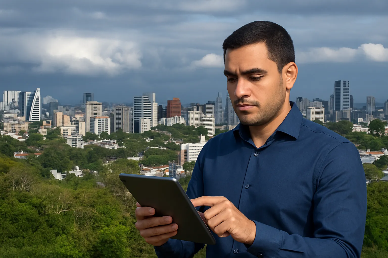 Corretor de imóveis olhando um tablet em primeiro plano, com o skyline de prédios de Curitiba ao fundo sob céu nublado