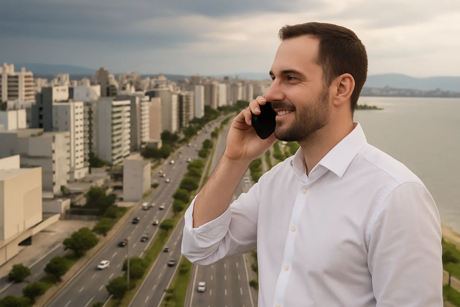Corretor de imóveis ao telefone com a Avenida Beira-Mar Norte de Florianópolis e seus prédios ao fundo