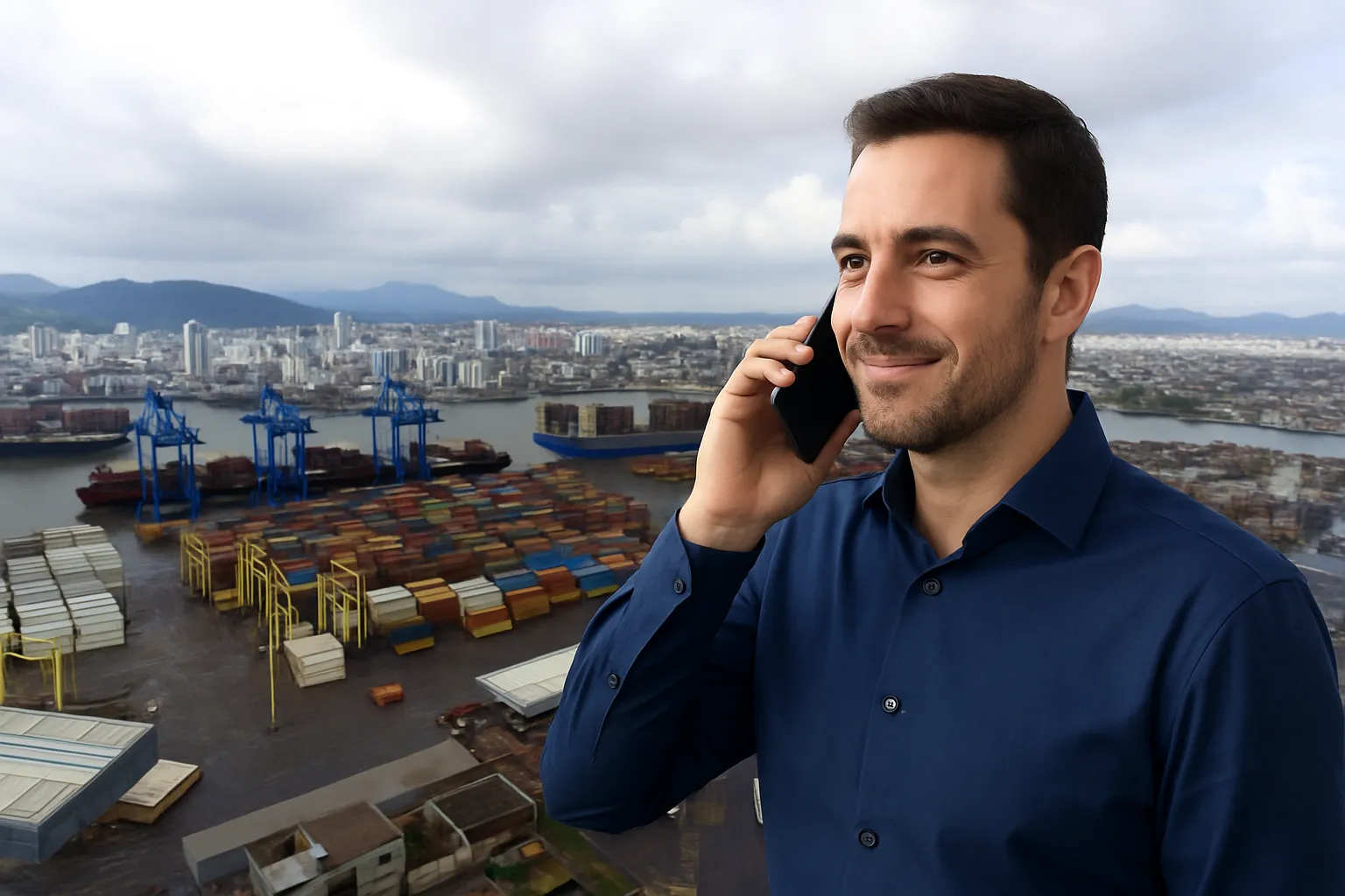 Corretor de imóveis ao telefone com o complexo portuário de Itajaí e a cidade ao fundo