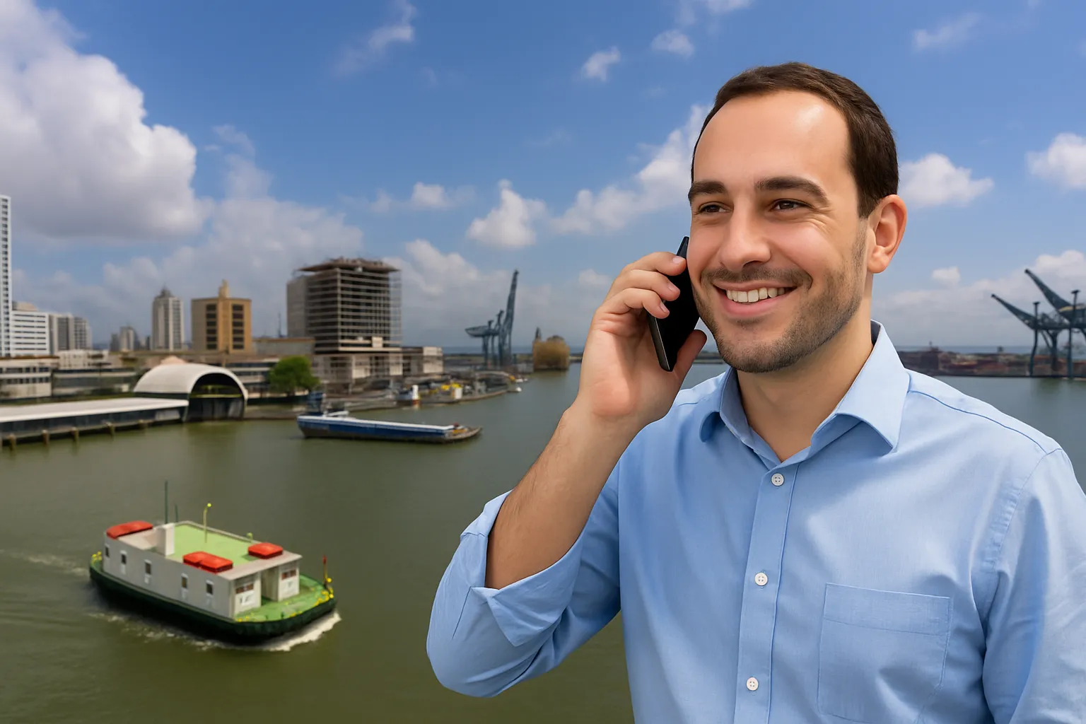 Corretor de imóveis ao telefone com o rio Itajaí-Açu, o ferry-boat e a cidade de Navegantes ao fundo