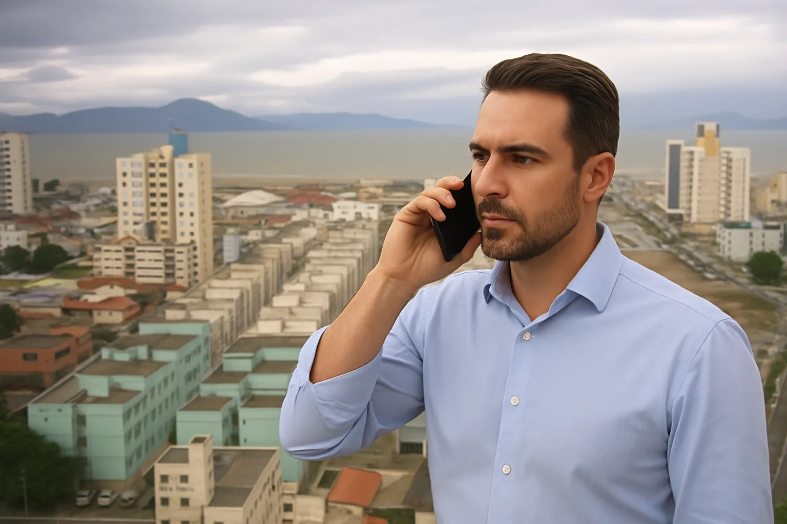 Corretor de imóveis ao telefone com a paisagem urbana de São José, SC, e a Baía Norte ao fundo