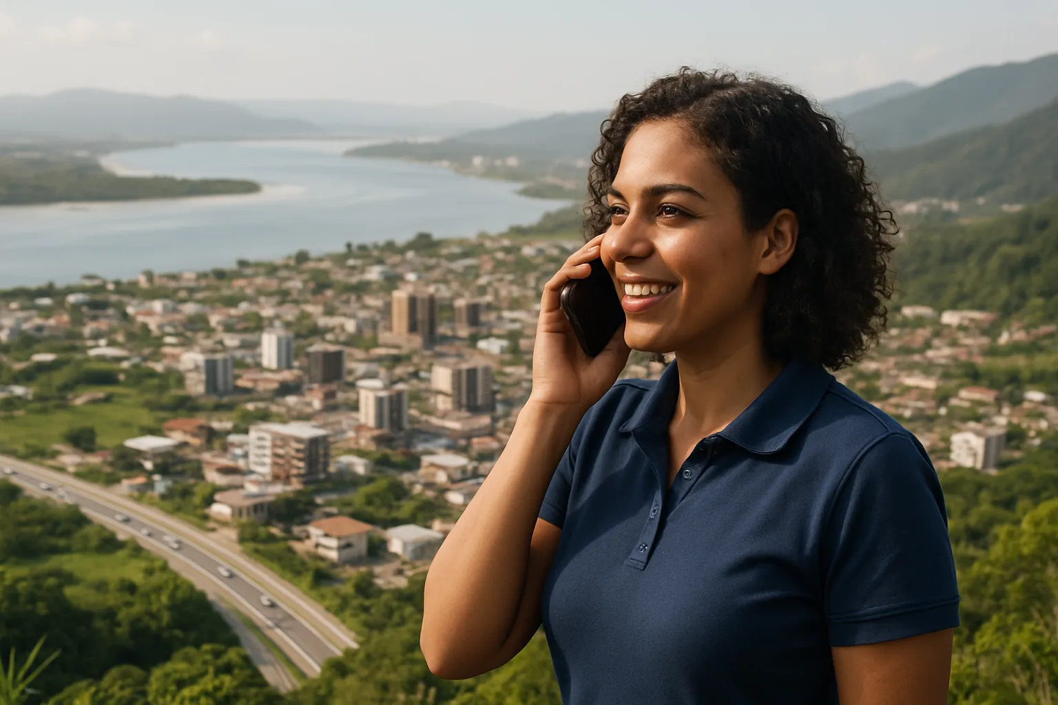 Corretora de imóveis ao telefone com uma cidade litorânea catarinense em expansão ao fundo, entre a foz de um rio e a BR-101