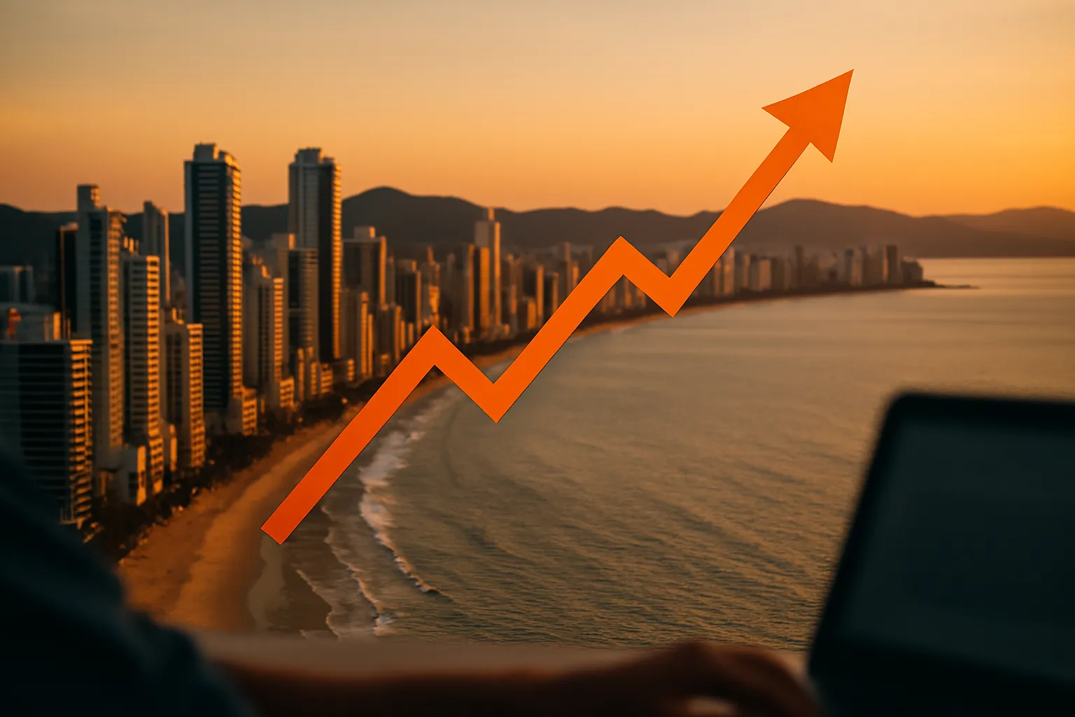Ilustração conceitual de valorização imobiliária no litoral catarinense, com gráfico ascendente sobre uma orla estilizada ao entardecer